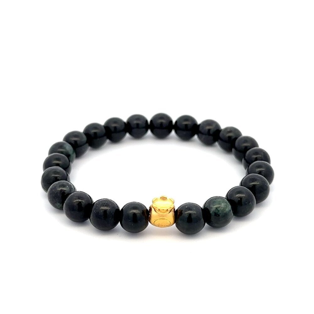 24K Gold Money Bag Lucky Charm Bracelet Gemstones Black Jade 8mm Size 6.25"